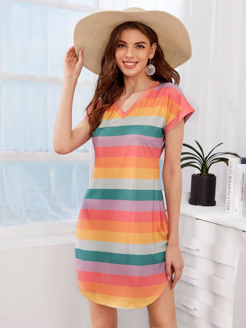 Fashion Vestido estilo camiseta con escote V