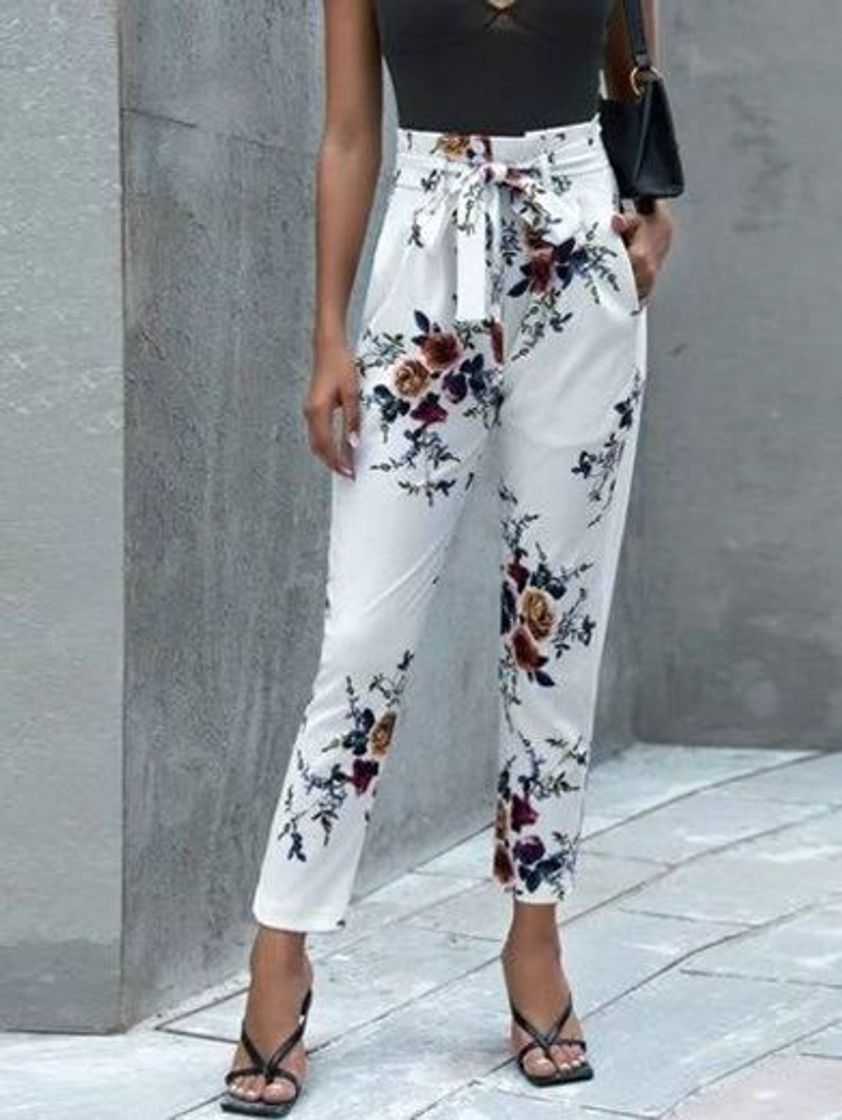 Fashion Paperbag Waist Belted Floral Print Pants