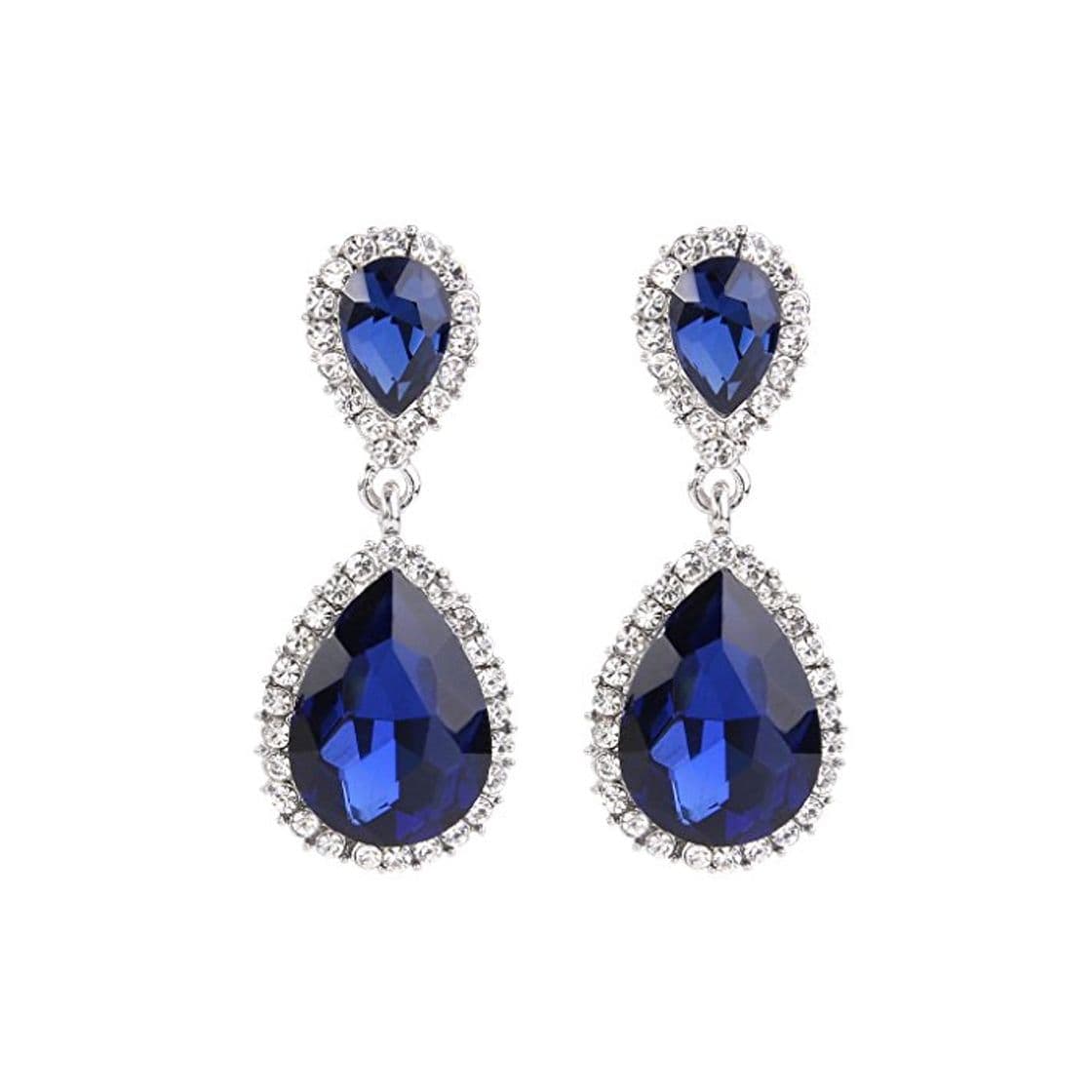 Moda EVER FAITH® Rhinestone de las mujeres de cristal austriaco 2 de la lágrima cuelga los pendientes Azul marino tono plateado