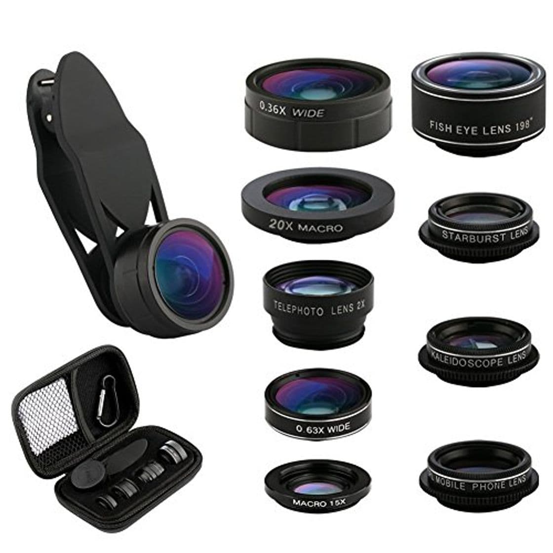 Lugar Lentes para Móviles 9 en 1 con Clip-on, Fisheye 198°