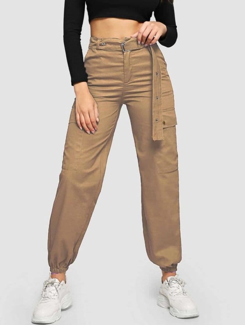 Fashion Pantalones cargo con cinturón con ojal con bolsillos 🔎