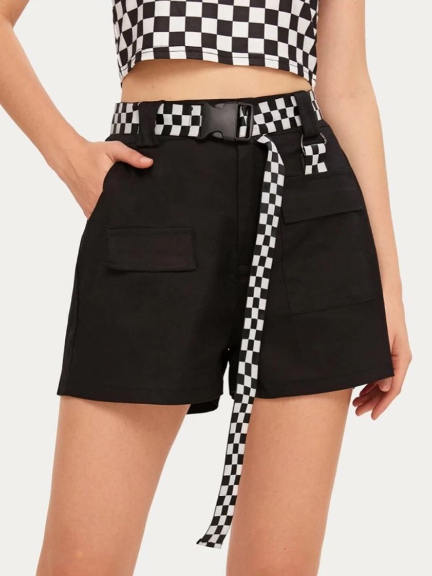 Moda Shorts cargo negro con cinturón de cuadros 🏁