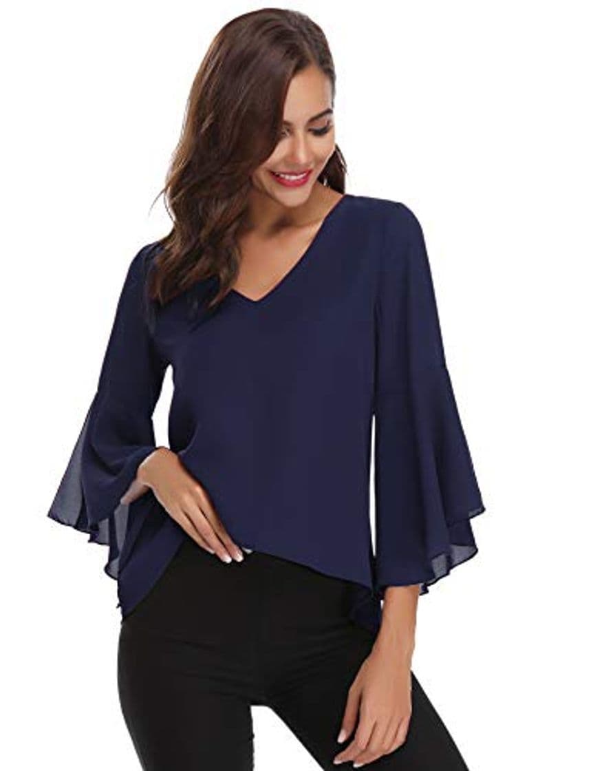 Fashion Abollria Camisa de Gasa para Mujer 3/4 Mangas Elegante Blusa Chiffon Cuello