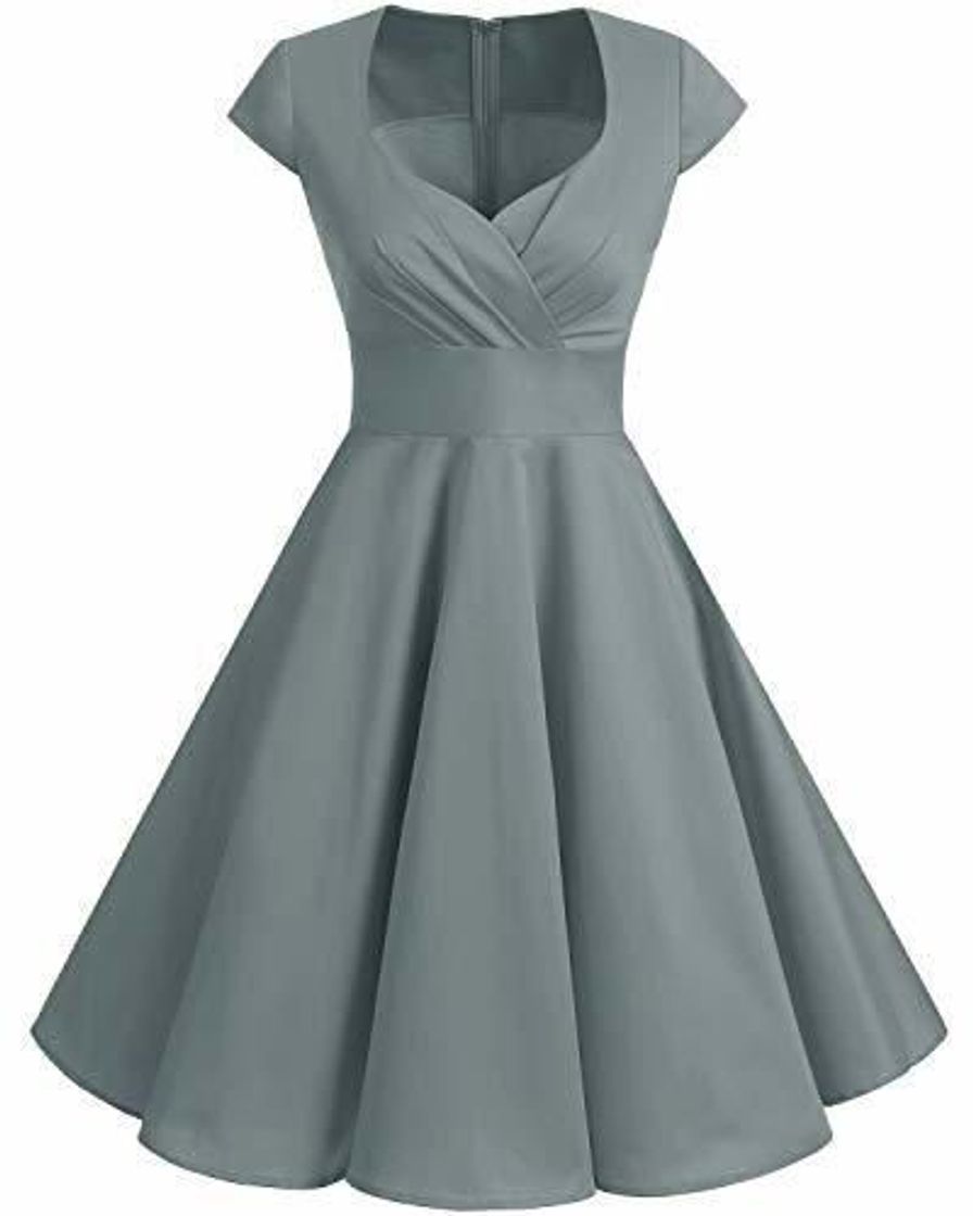 Moda Bbonlinedress Vestido Corto Mujer Retro A?os 50 Vintage Escote En Pico Grey