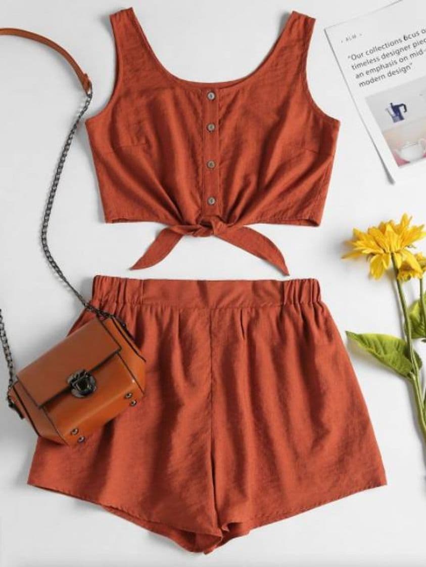 Moda Set Top Corto Sin Mangas Y Shorts En Naranja 