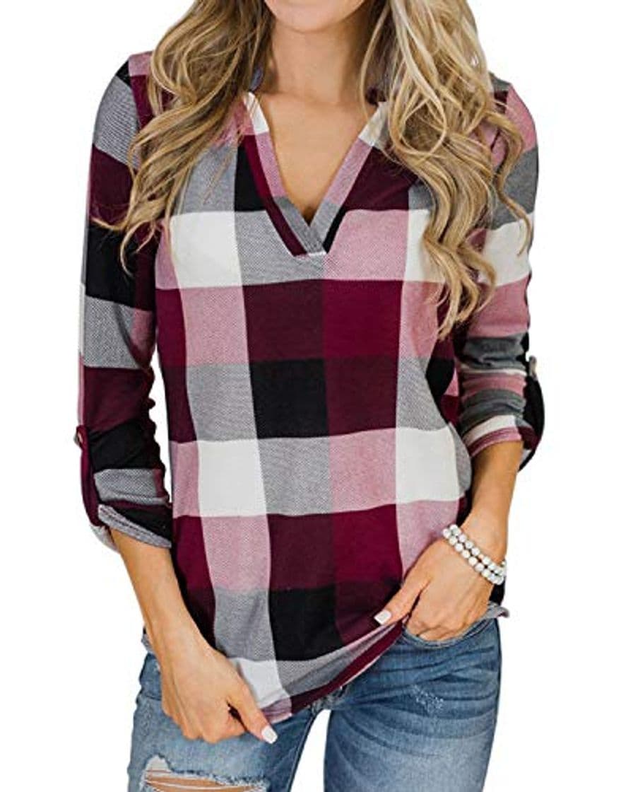 Fashion YOINS Blusa Mujer Manga Larga Camiseta Cuello V Camisa Elegante Túnica Casual SueltoTops Otoño Invierno Rosa M