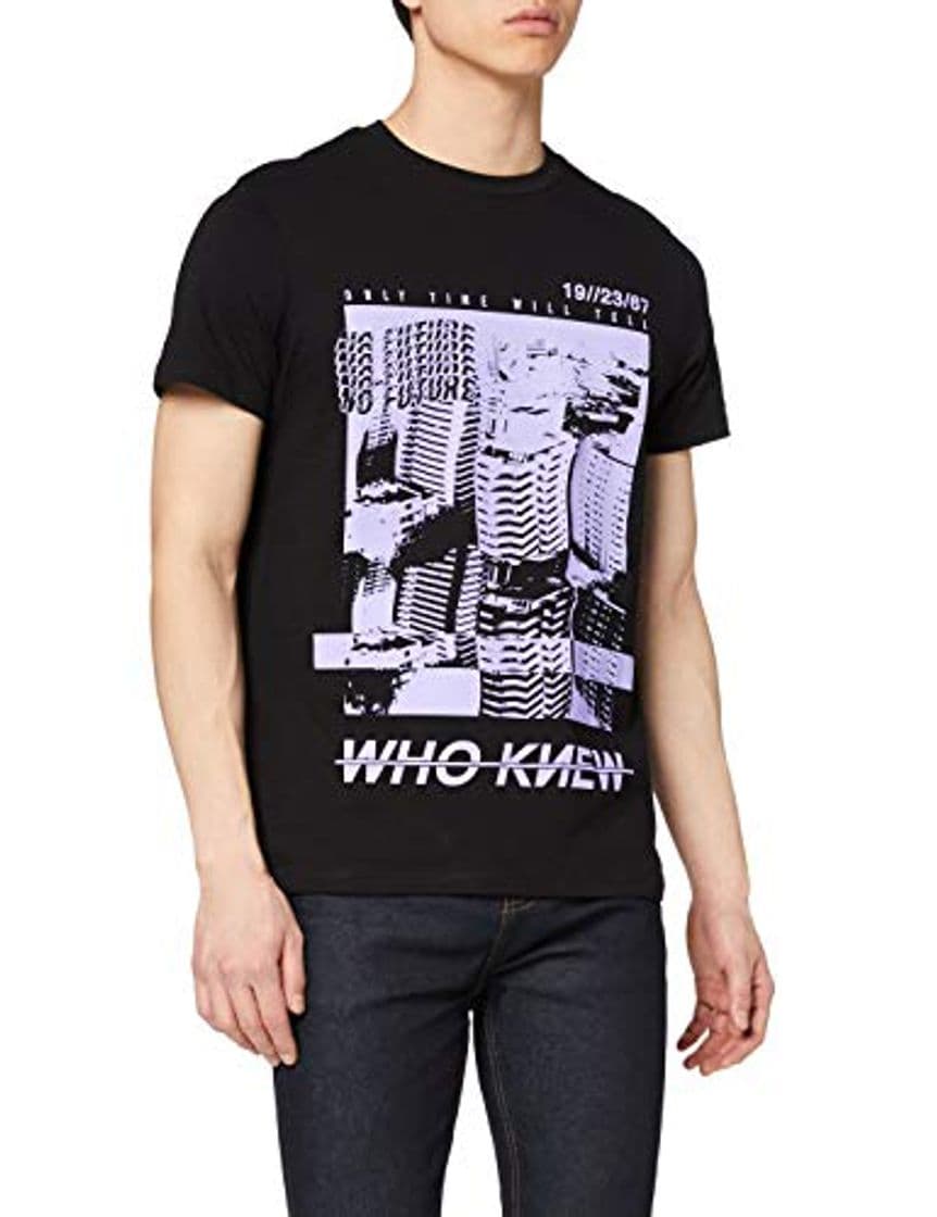 Moda Marca Amazon - find. Camiseta con Estampado para Hombre, Negro