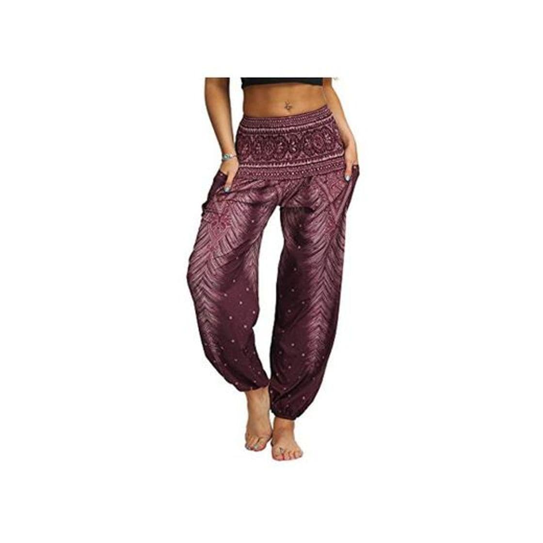 Fashion Nuofengkudu Mujer Hippies Pantalones Harem Tailandeses Boho Estampados Bolsillos Cintura Alta Baggy