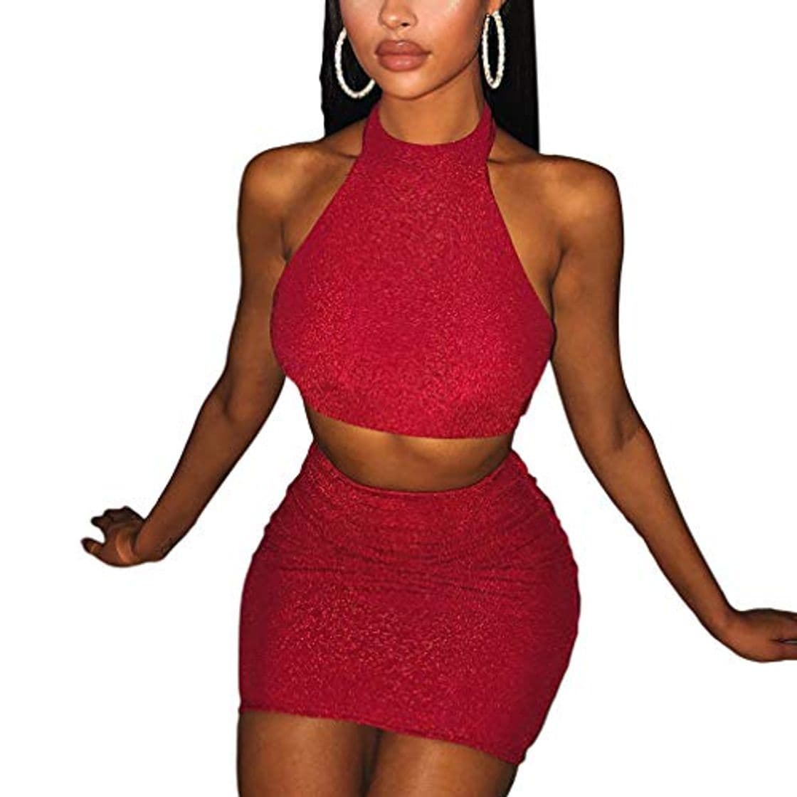 Moda Yying Glitter Halter Backless Party Conjunto de Dos Piezas Crop Top Mini Faldas Sexy Conjunto 2piezas Short Mujer Outfits