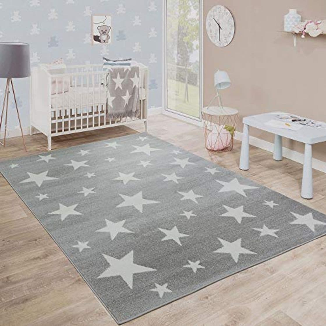 Home Moderna Alfombra Pelo Corto Estrellas Habitación Infantil Estampado Gris Blanco, tamaño