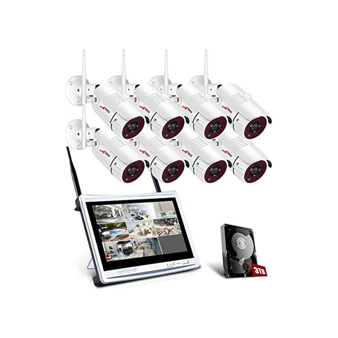 Producto 【2020 Actualizado】 ANRAN 1080P Kit Cámaras de Vigilancia WiFi con Monitor de 12 Pulgadas 8CH NVR CCTV Kit Videovigilancia WiFi con Pantalla 8 Cámaras de Vigilancia con 3TB HDD Visión Nocturna