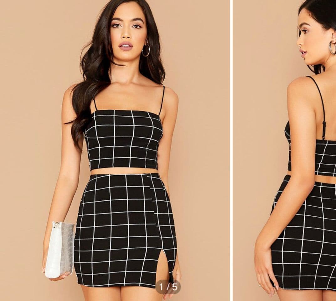 Fashion SHEIN - Grid Print Cropped Cami Top & Mini Skirt Set 