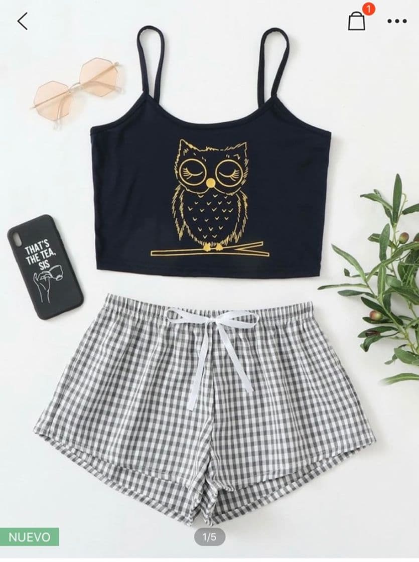 Moda Conjunto de pijama top estampado búho y shorts de cuadros 