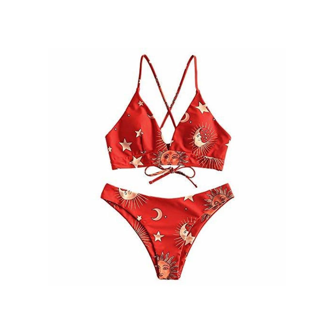 Fashion ZAFUL Bikini Set Triangular con Relleno Tirantes Anudados Cruzados en la Espalda