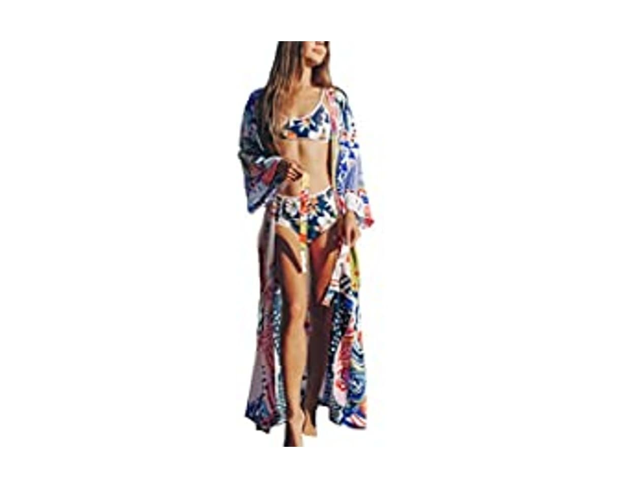 Fashion Bsubseach Mujer Ropa de Playa Estampado Floral Kimono Cardigan de Manga Larga