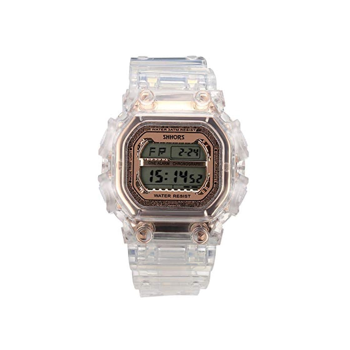 Moda Lancardo Reloj Electrónico de Hombre Mujer Unisex Reloj Deportivo Correa Plástico Transparente Dial Esfera Cuadrada Pantalla LED Reloj Digital Multifunción Impermeable de 3 ATM Reloj Oro Rosado