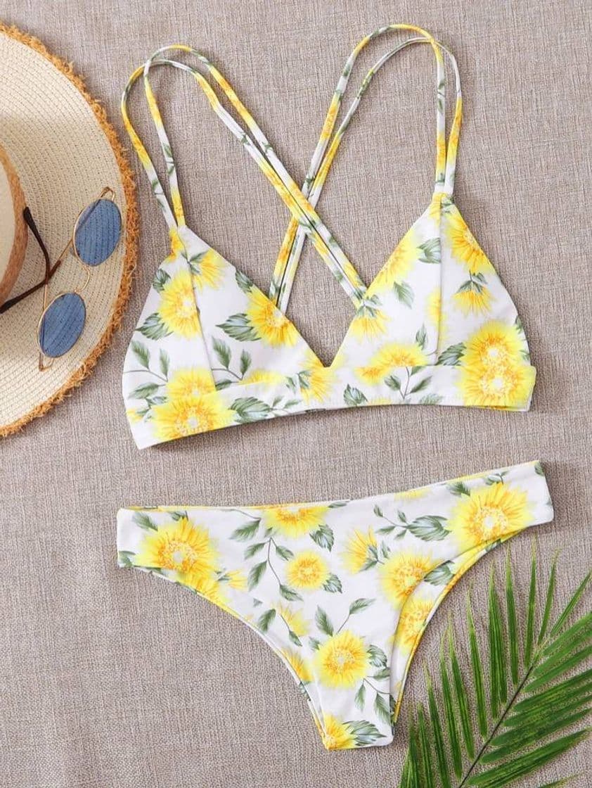 Moda Bañador Bikini Con Tira Cruzada Con Estampado De Girasol

