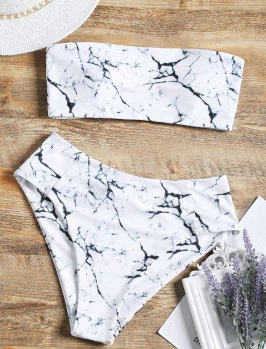 Moda Bikini de cintura alta con estampado de mármol