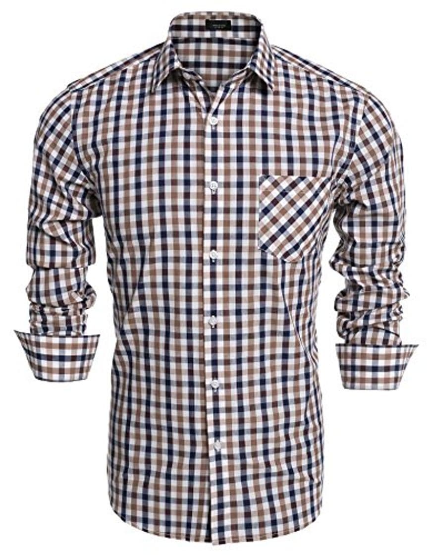 Producto Coofandy Camisa Basica a Cuadros Marrón Manga Larga para Hombre Talla