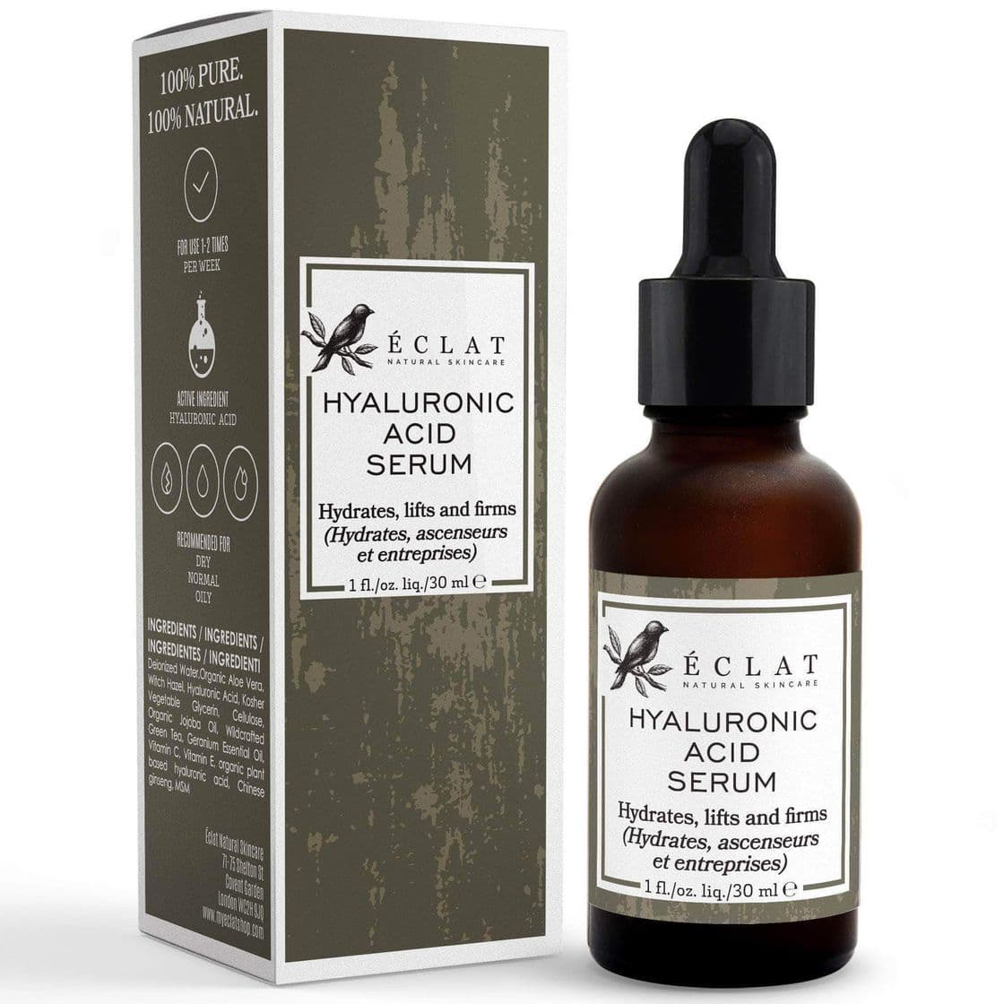 Product Sérum Ácido Hialurónico Eclat – Hidratante de Ácido Hialurónico puro 100% Sérum Antiedad para Eliminar Líneas de Expresión y Arrugas Hidratación Suave y Fácil Absorción Para Rostro y Ojos