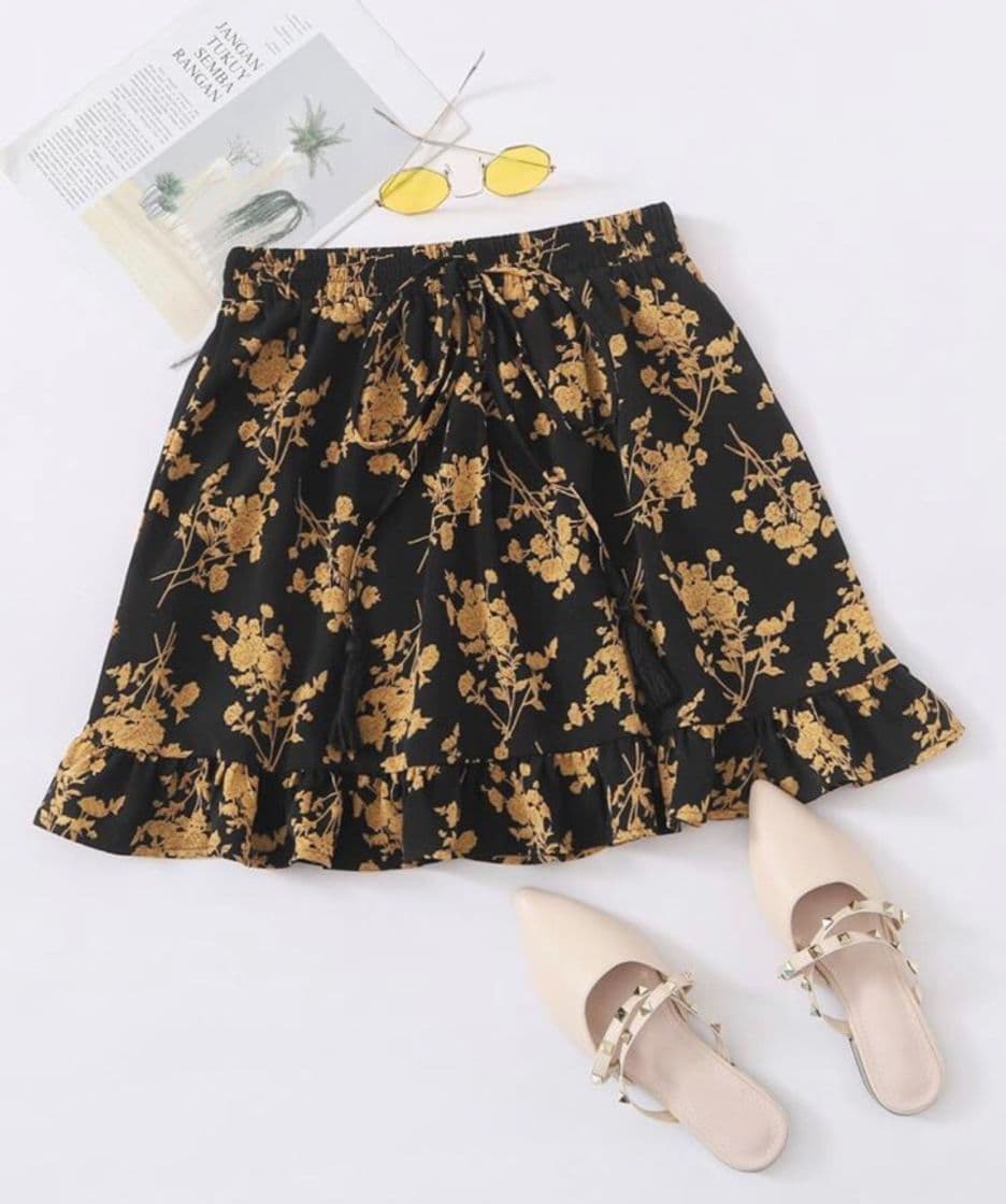 Product Drawstring Waist Ruffle Hem Floral Skirt