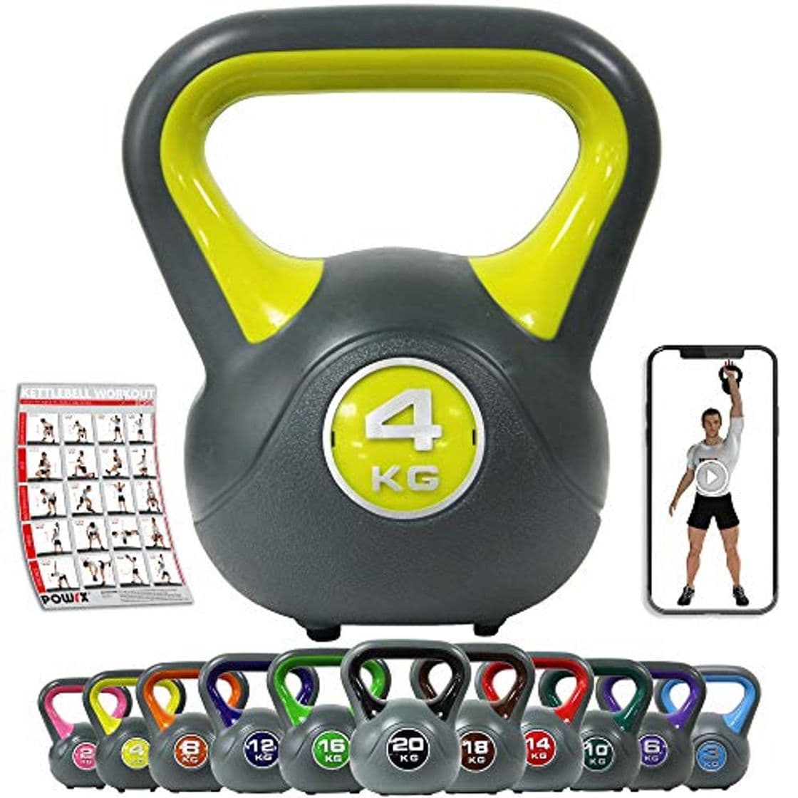 Producto POWRX - Kettlebell de hormigón 2-20 kg - Pesa Rusa con Revestimiento