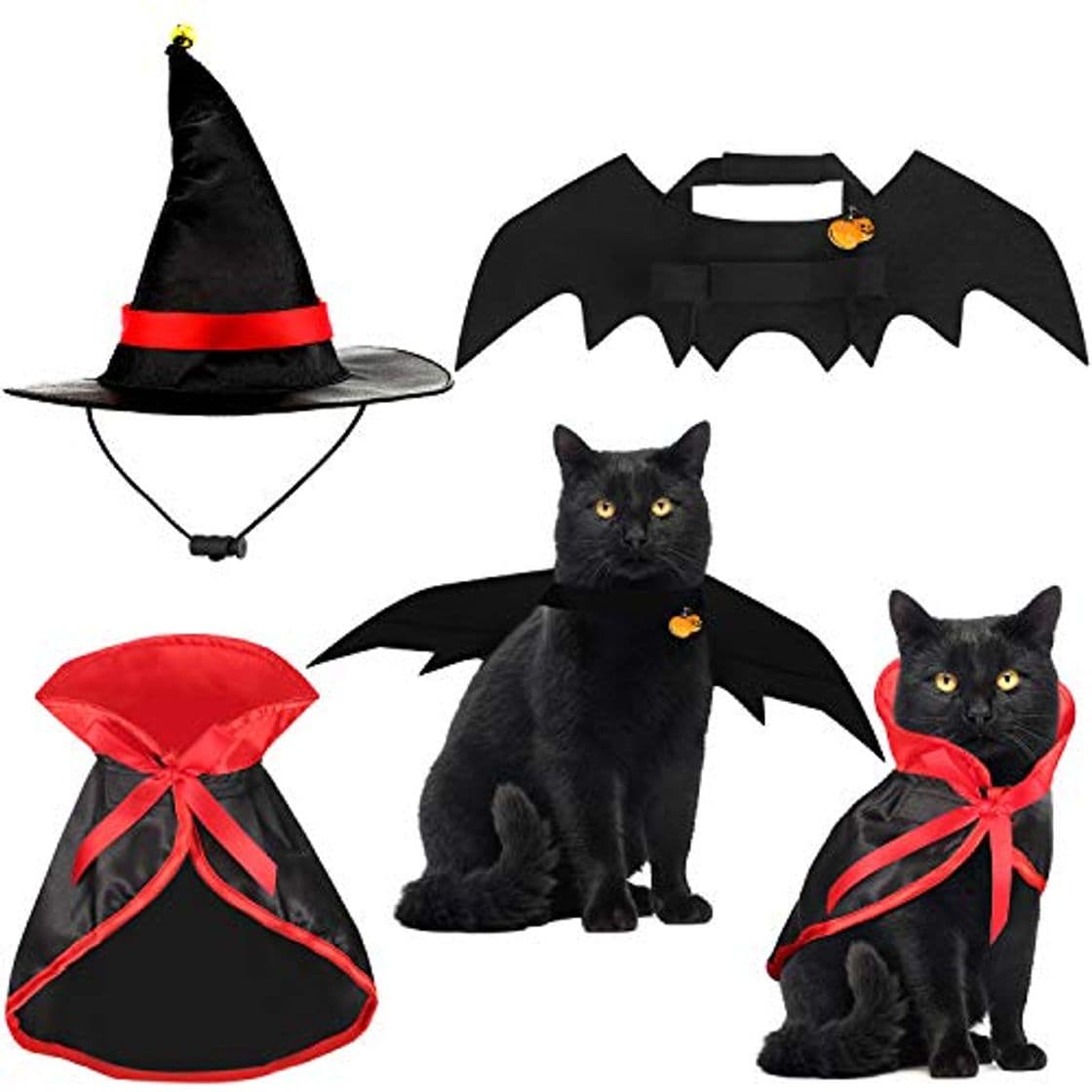 Producto 5 Piezas Disfraz para Gato de Halloween Alas de Disfraz de Murciélago Capa de Gato Sombrero de Mago con Campanas de Calabaza para Disfraz de Mascota de Halloween