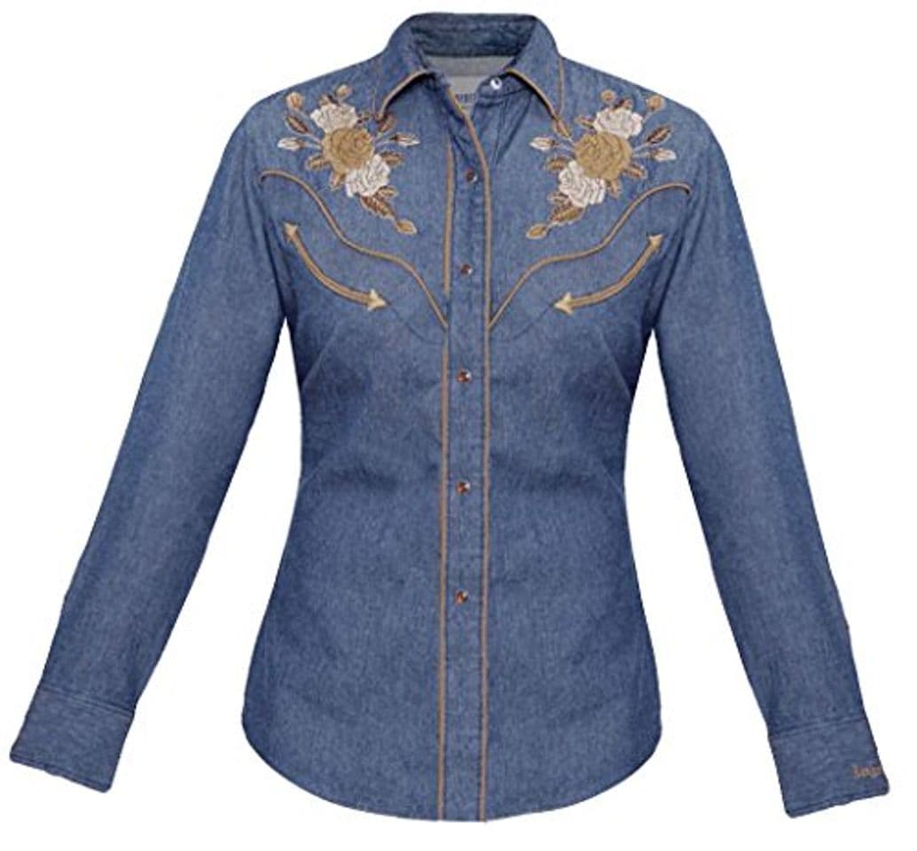 Moda Modestone Women's Embroidered Long Sleeved Fitted Western Camisa Vaquera Floral Denim Blue L