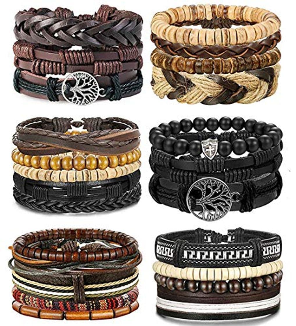 Moda Besteel 24 Piezas Cuero Pulseras Árbol de la Vida para Hombre Mujer Trenzado Pulsera Cuentas de Madera Cuerda Brazalet Vintage Pulsera Ajustable