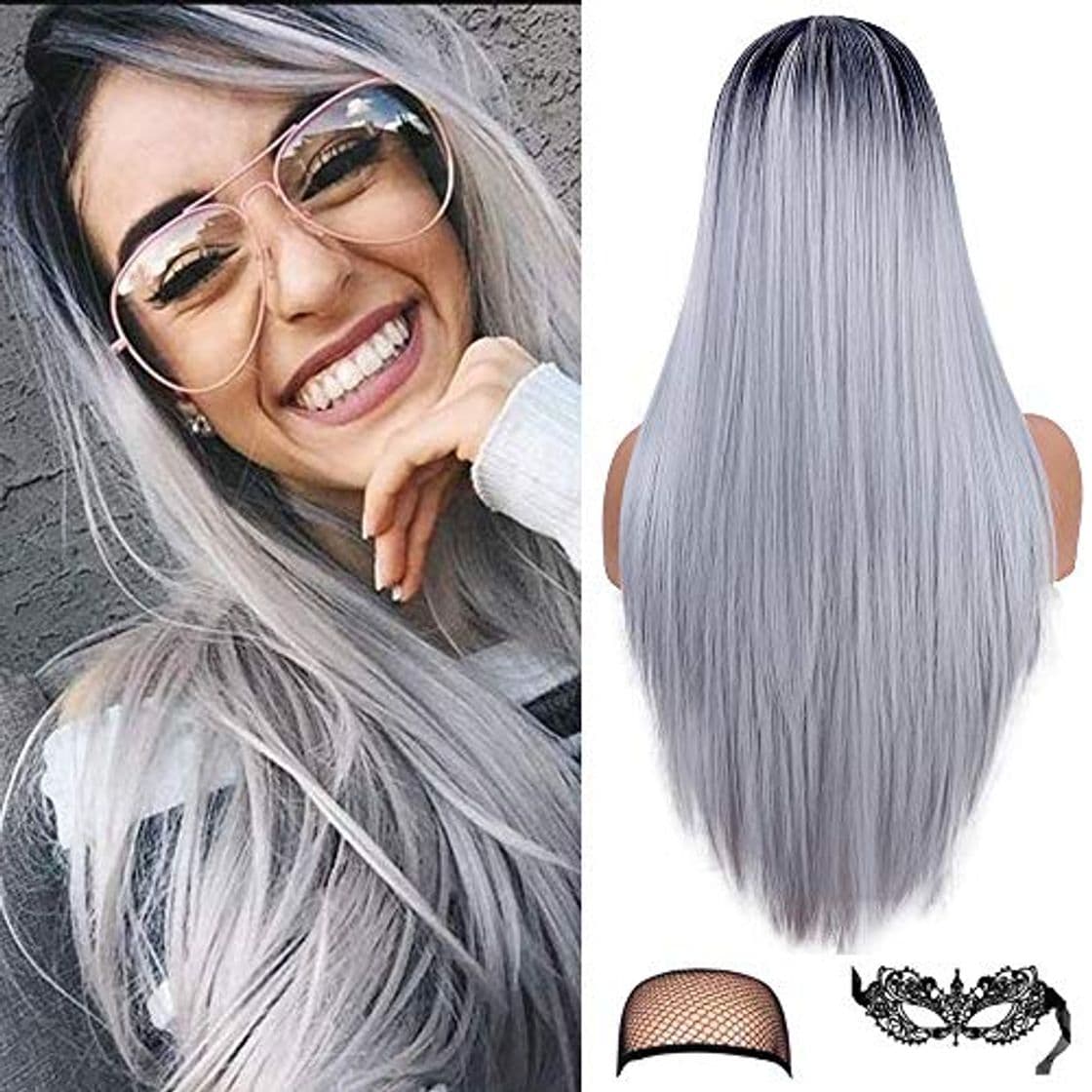 Product Peluca Rosada para Mujeres Ombre Sedosa Peluca Lisa Larga 22 Pulgadas Línea Natural Parte Media Peluca Sintética para Mujeres Fiesta Halloween Disfraz