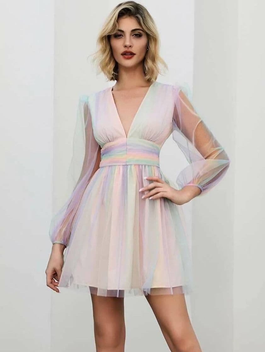 Fashion Double Crazy Plunging Neck Rainbow Mesh Skater Dress | SHEIN ...