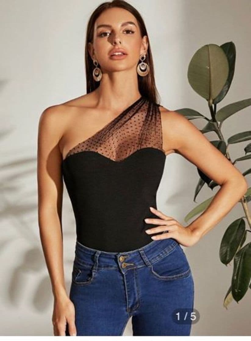 Fashion One Shoulder Dot Flocked Mesh Yoke Top