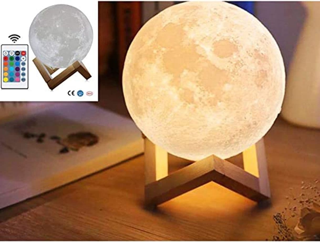 Product Justech Lámpara de Luna en 3D 15cm Control Remoto y Control Táctil 16 Colores 4 Modos RGB Luz Nocturna Luna LED con Soporte de Madera Carga USB para la Decoración del Dormitorio Regalo para Navidad