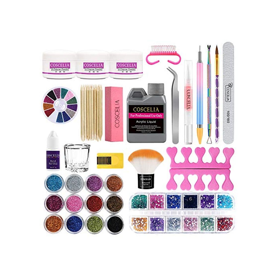 Producto Kit Uñas Acrilicas Completo Profesional Kit de Manicura Uñas Acrílicas Accesorios y Decoraciones 12pcs Pedrería Uñas Limas y Acrilico Nail Art