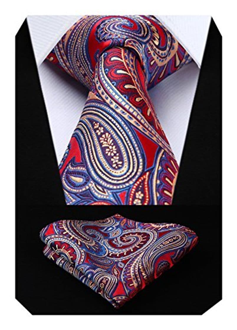 Fashion HISDERN extralarga Floral Paisley Panuelo de lazo Hombres Corbata & Plaza de bolsillo Conjunto rojo azul