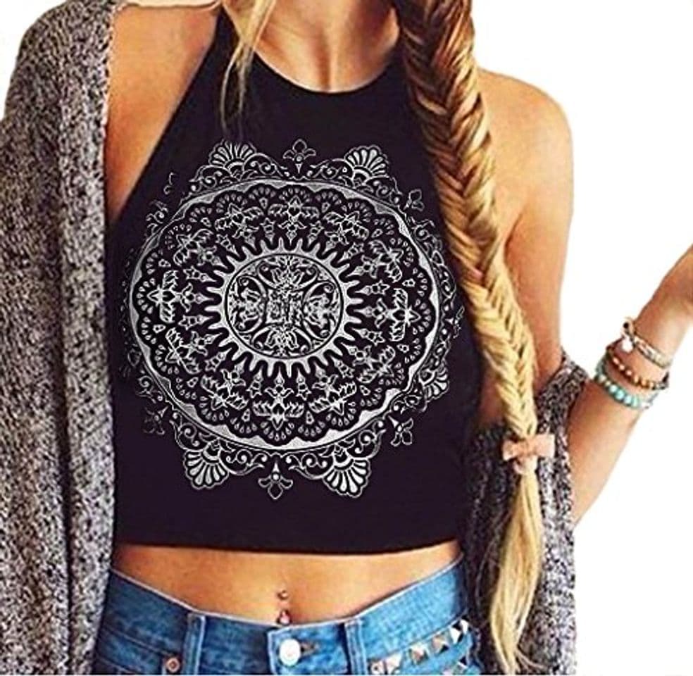 Fashion Ularma Womens Mandala Print Tank Crop Tops Chaleco Blusa sin Mangas Atado