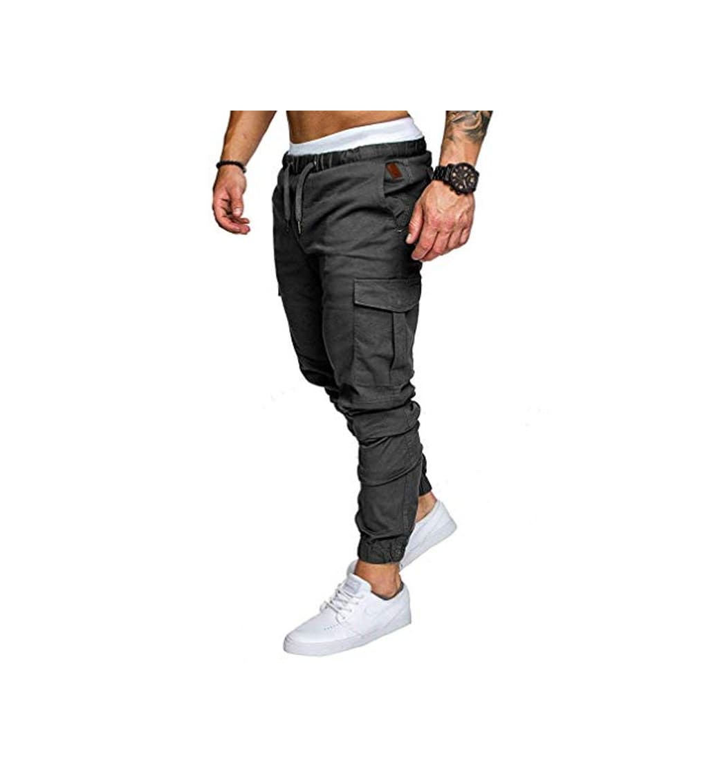 Fashion Socluer Cinturón de algodón elástico de los Hombres Pantalones de Carga Largos con cordón Bolsillos Laterales Pantalones Deportivos Pantalones de Jogging Ropa Deportiva