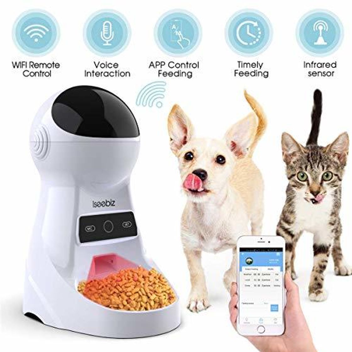 Producto Iseebiz Comedero Automático Gatos/Perros Dispensador de Comida WiFi con App Control Recordatorio