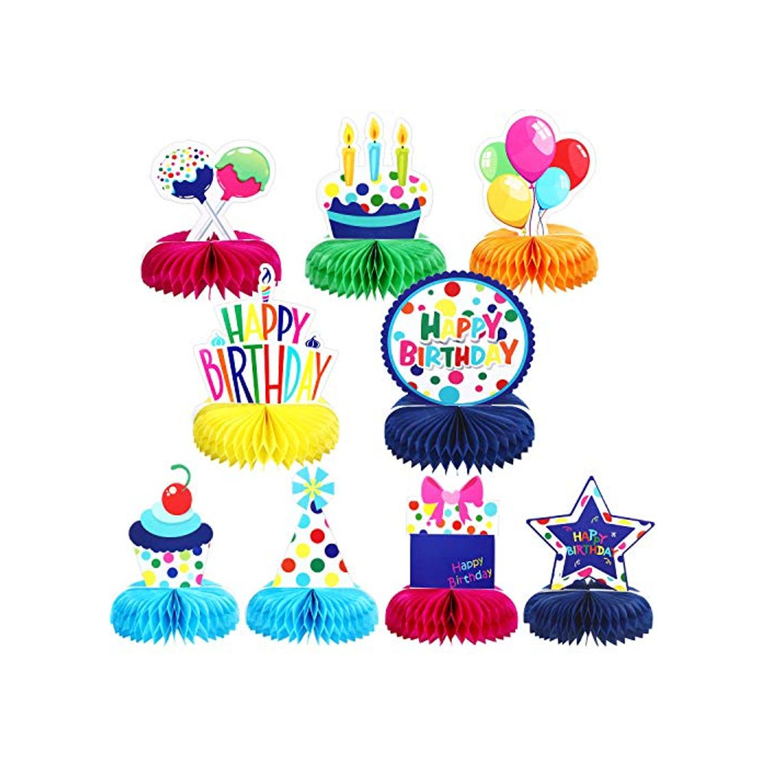 Product 9 Piezas Decoraciones Coloridas de Feliz Cumpleaños Centros de Mesa de Bolas de Panal Arcoiris Topper de Mesa Pompones de Cumpleaños para Fiesta de Cumpleaños de Niños Baby Shower