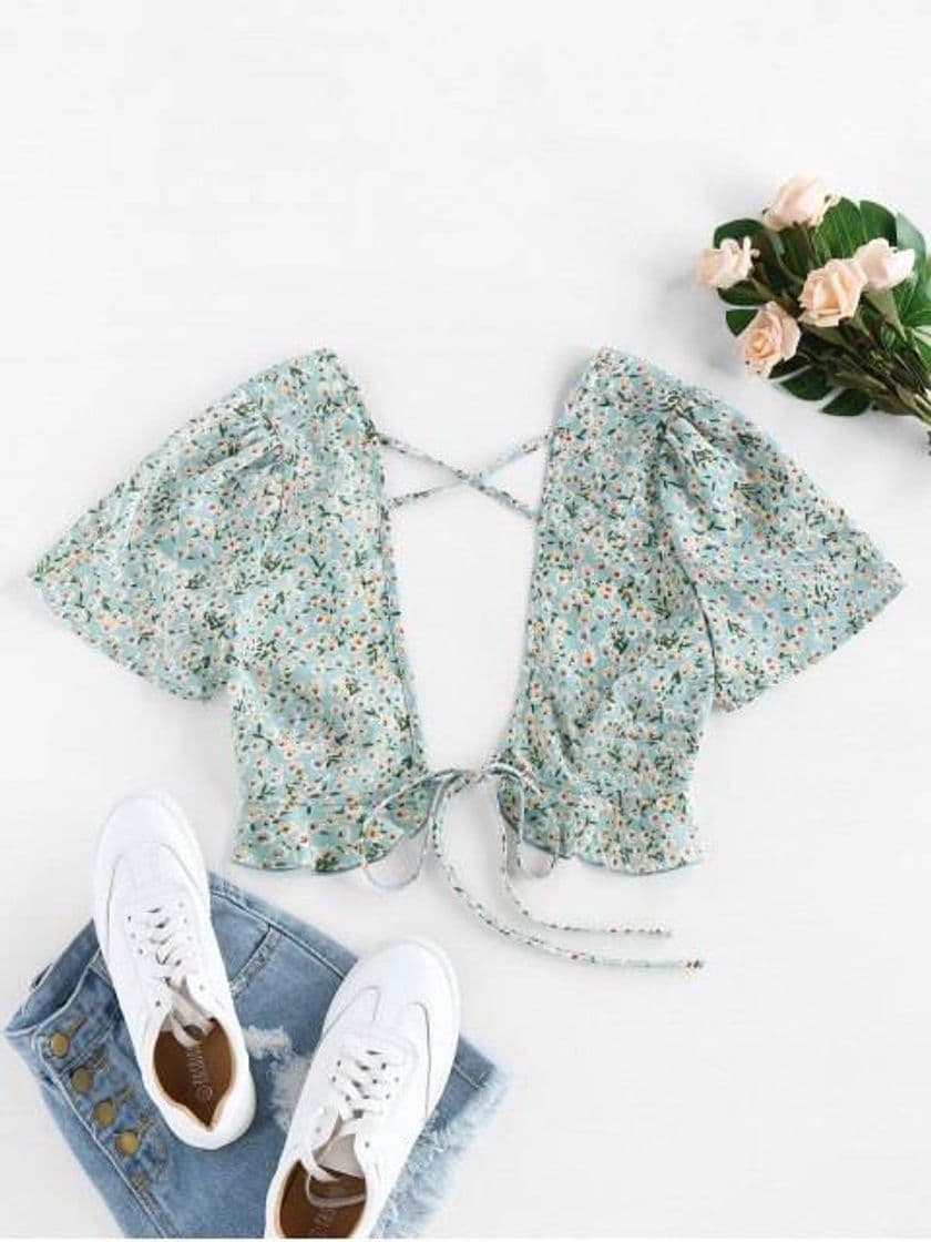 Moda ZAFUL Ditsy Floral Plunging Cross Ruffle Tie 