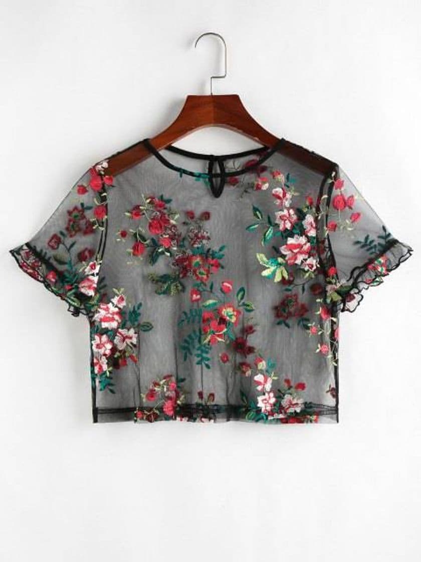 Moda ZAFUL camiseta de encaje con volantes y bordado de flor