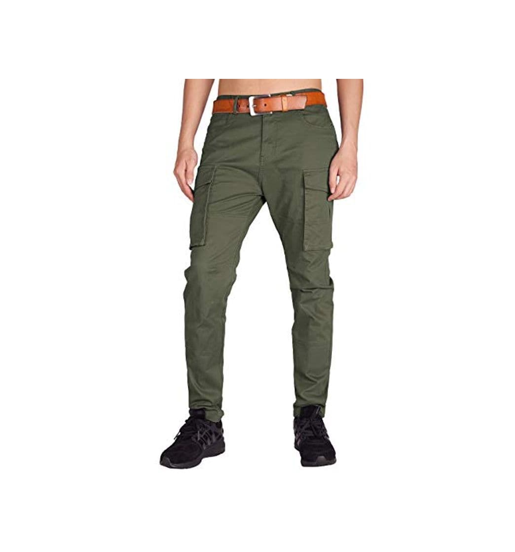 Moda ITALY MORN Pantalones Cargo Chinos Hombre Verde Comabate Múltiples Bolsillos 38 Ejercito Verde