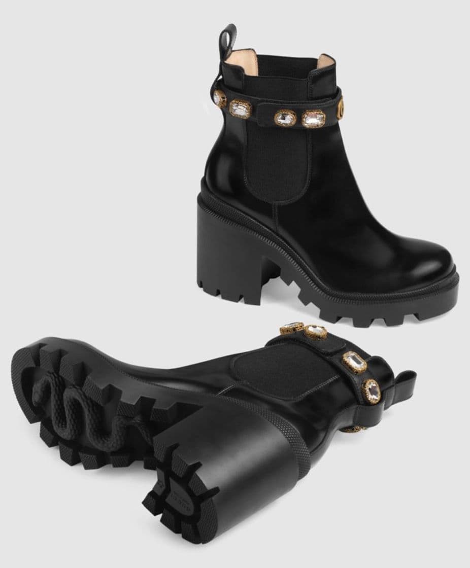 Fashion Black Leather Ankle Boot With Belt & Crystals