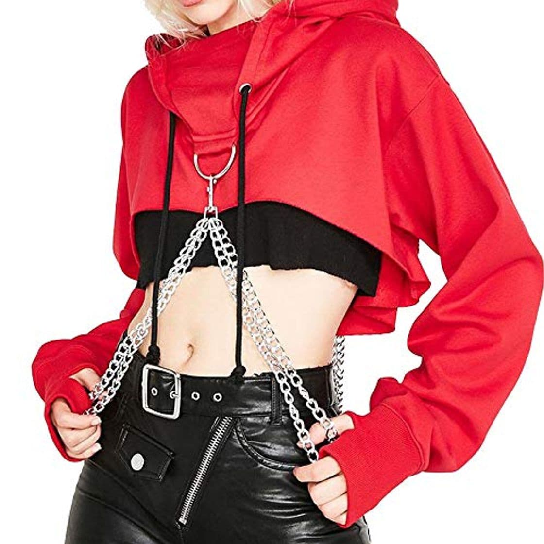 Moda Greetuny 1X Harajuku Sudadera Corta Mujer Personalidad Hip Hop Ropa Cadena de Plata Hoodies con Capucha