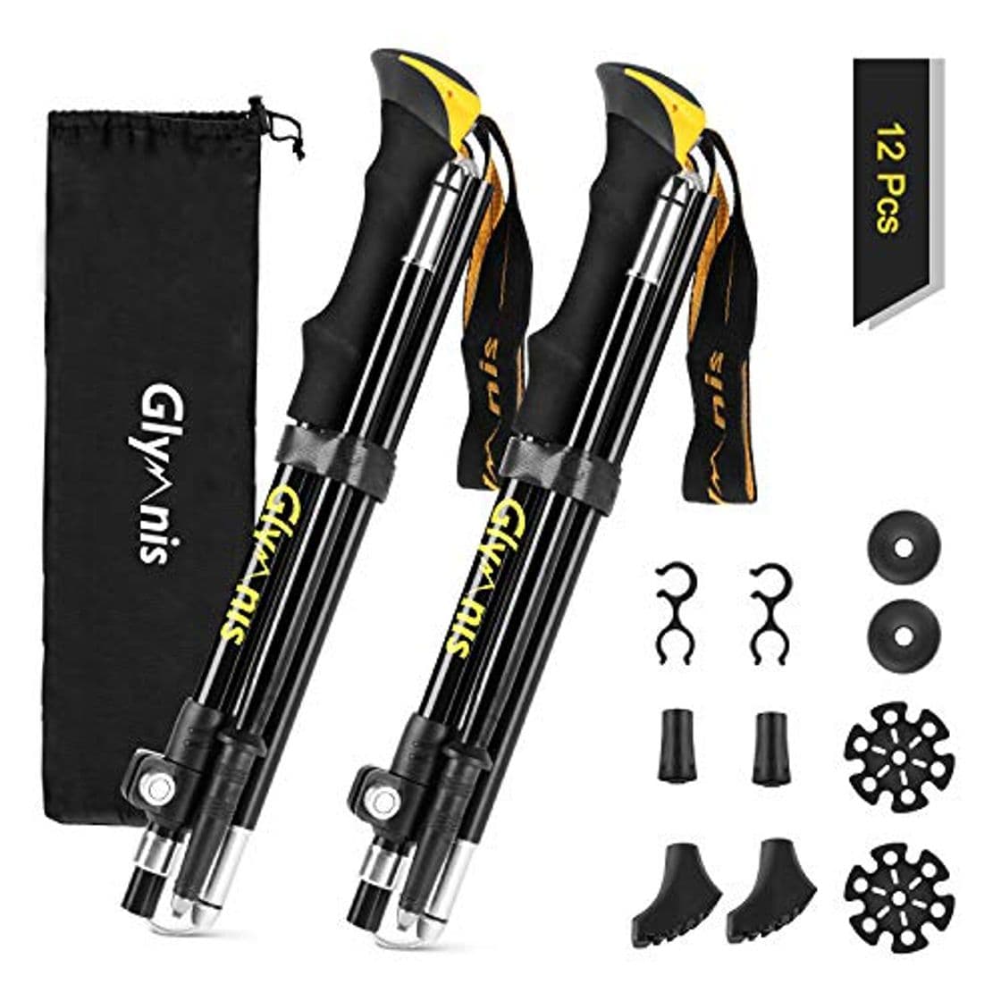 Product Glymnis Bastones de Senderismo Bastones Trekking Plegables 2pcs 36cm~130cm de Aleación de Aluminio 7075 y EVA para Senderismo Alpinismo Trail Viaje