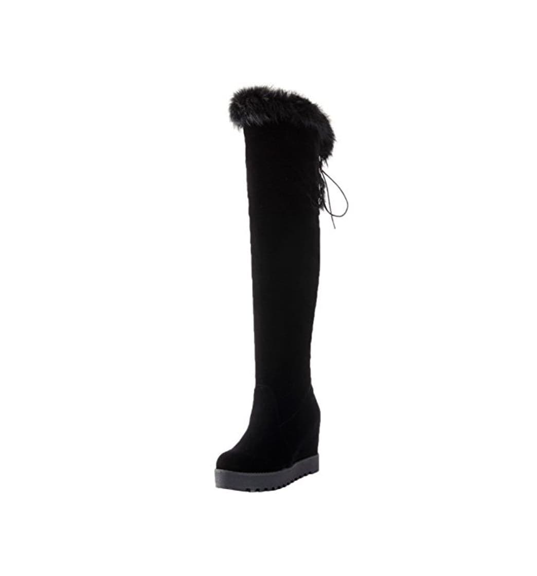 Moda Mujer Botas Altas de Rodilla Invierno Caliente Piel sintética Aumento Cordones Negro Cuña Plataforma Botas Altas largas De BIGTREE 37 EU