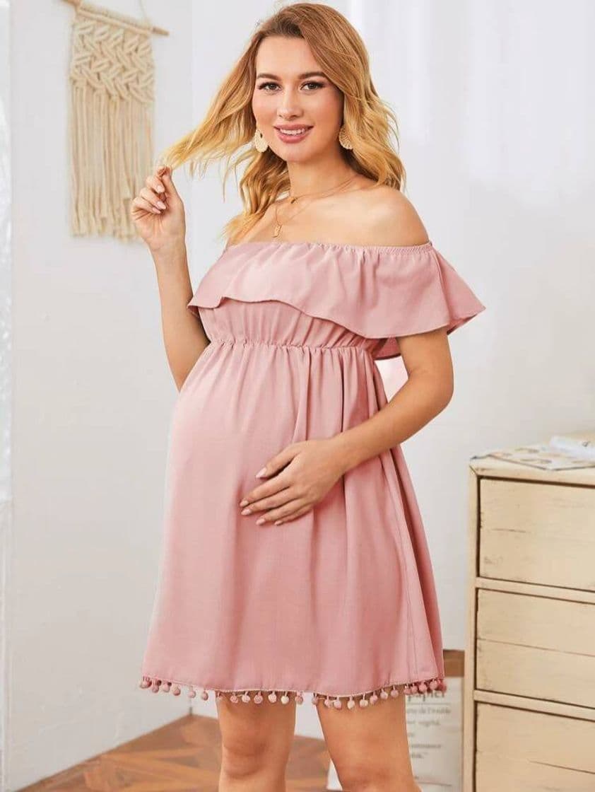 Fashion Maternity Off Shoulder Foldover Front Pompom Hem Dress | SHEIN ...