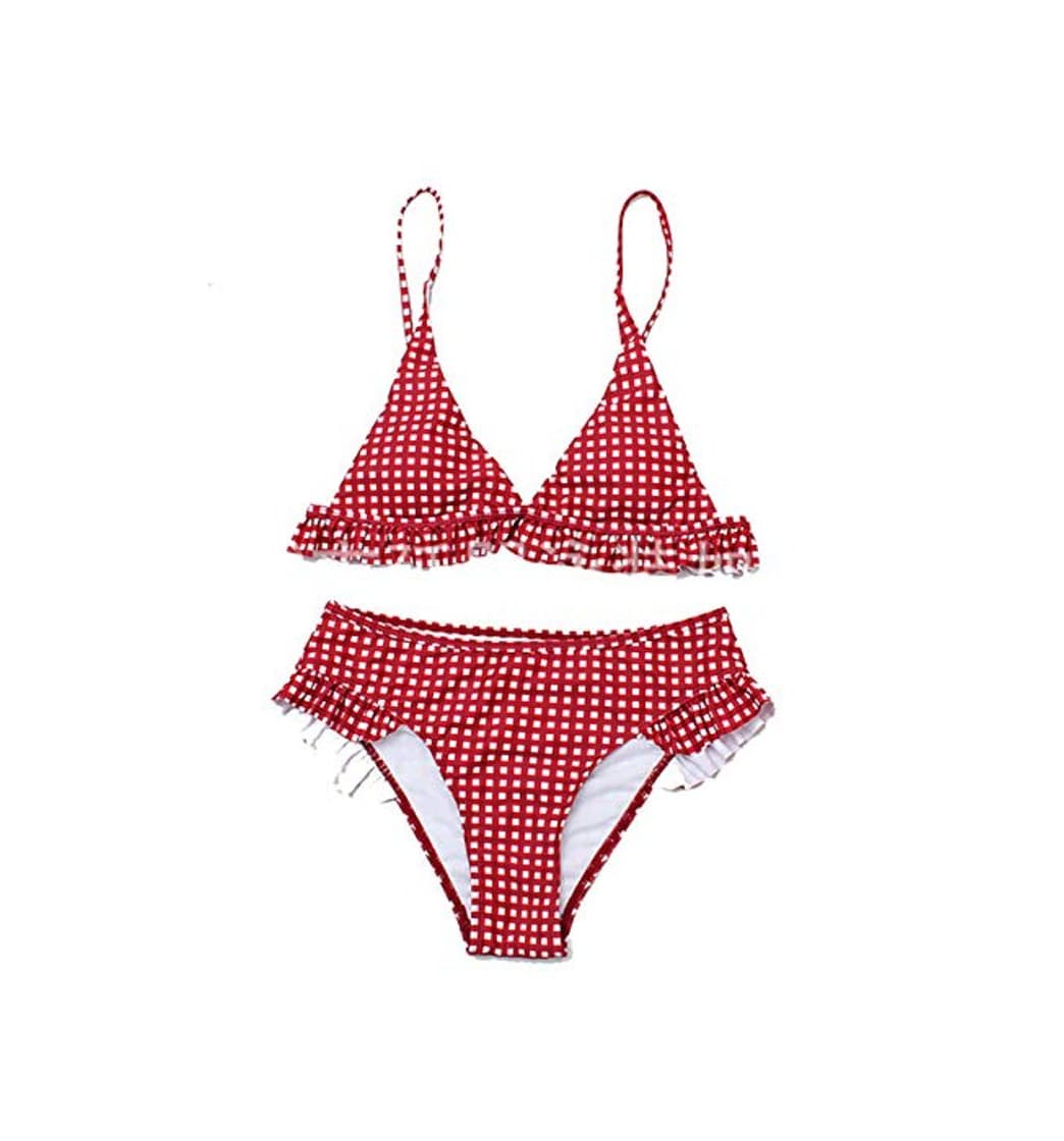 Fashion Conjunto de Bikini de Impresión a Cuadros con Volantes para Mujer Traje de Baño de Playa Acolchado Traje de Baño de Bikini de 2 Piezas