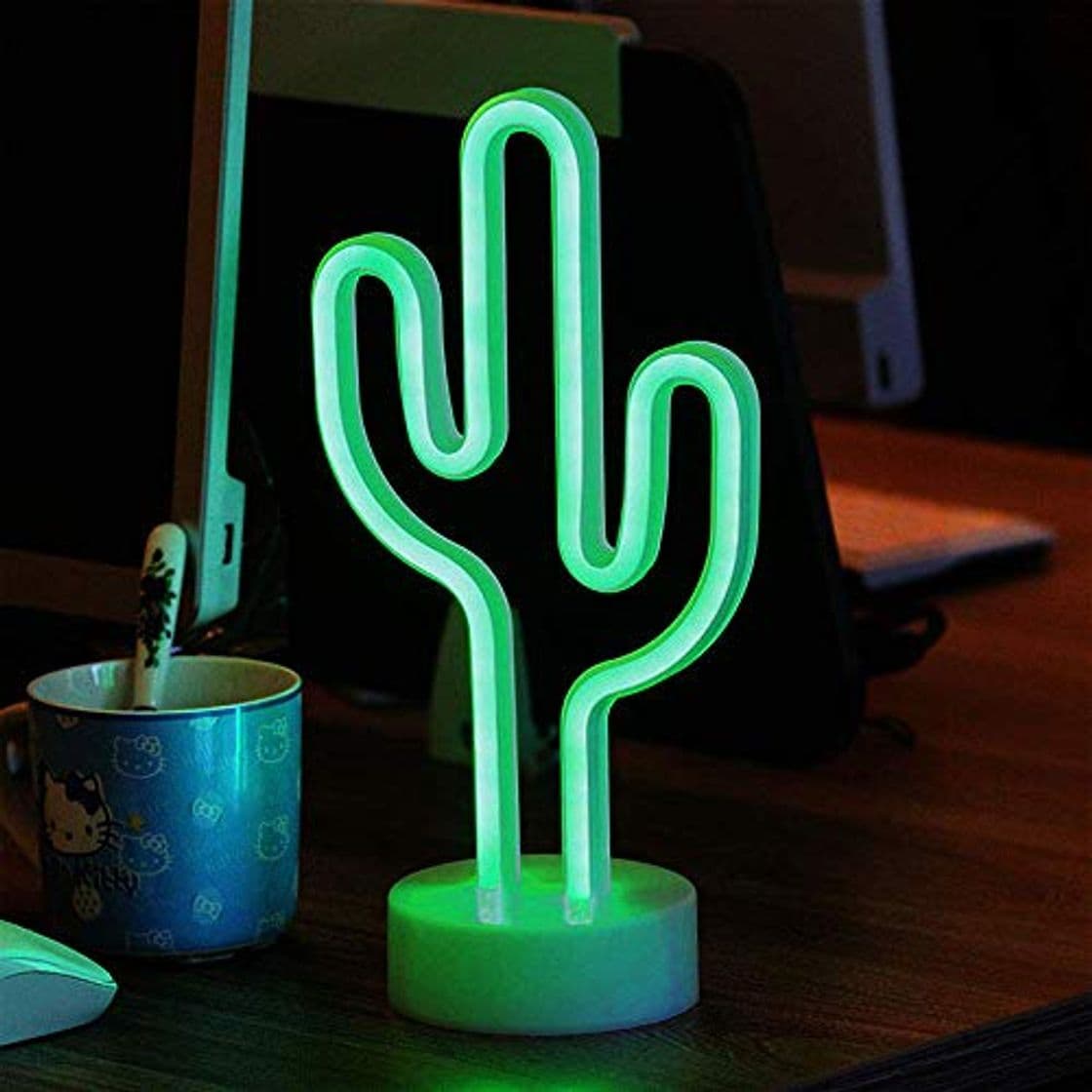 Home ENUOLI Green Cactus señales de neón con la base de LED de