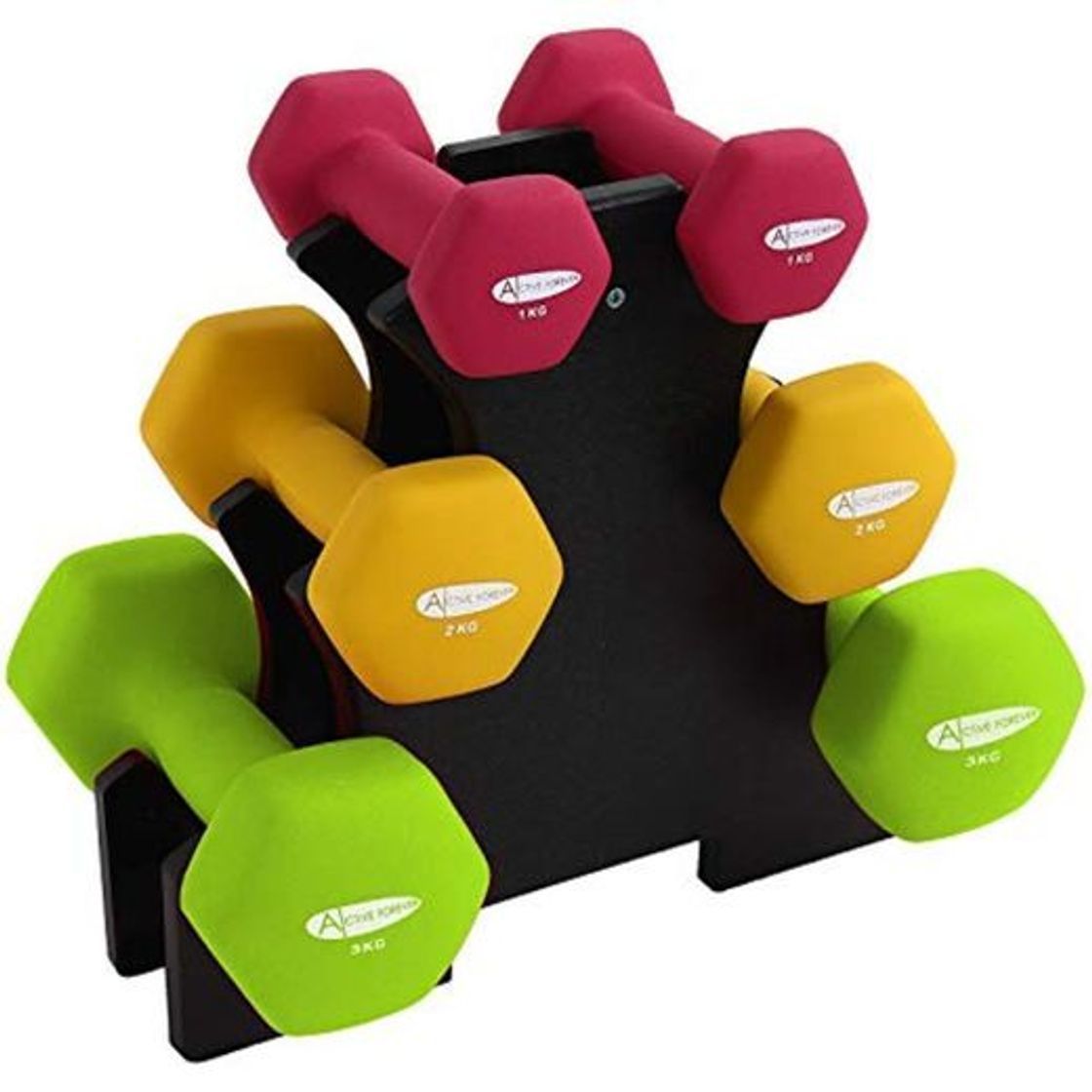 Producto Active Forever 3 Pares Mancuernas Hexagonales con Soporte, Mancuernas Antideslizantes Impermeables de